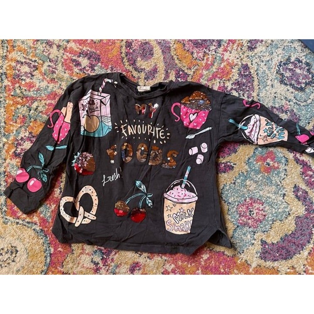 Zara Girls "My Favourite Foods" Flip Sequin Graphic Long Sleeve Top